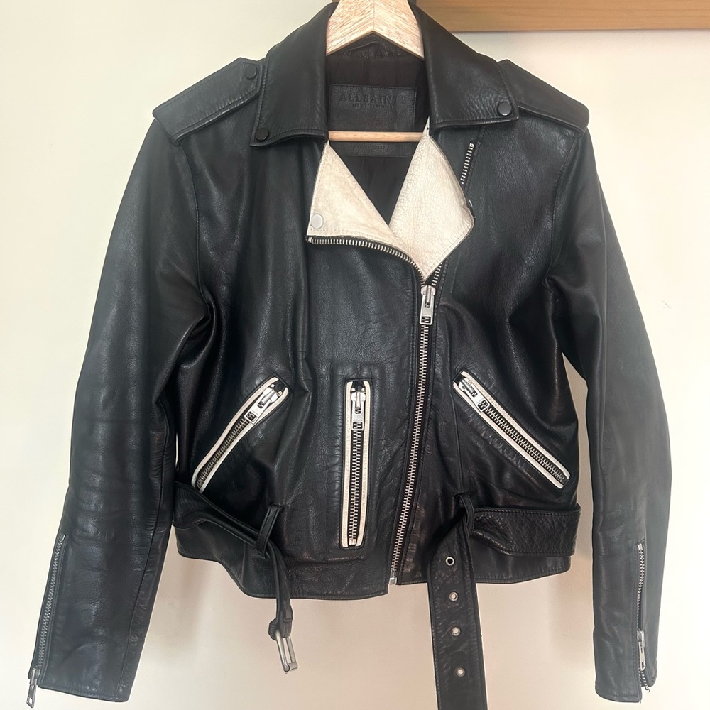 RARE Allsaints Women’s Leather Moto Jacket with White Lapels size 8